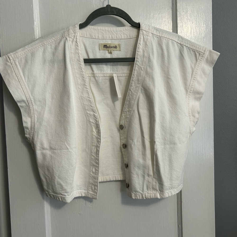 Madewell denim cap sleeve crop top in tile white